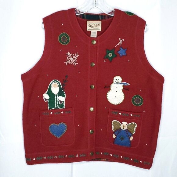 Woolrich Womens Sweater Vest M Red Christmas Country Folk Art Santa Snowman - Picture 1 of 6